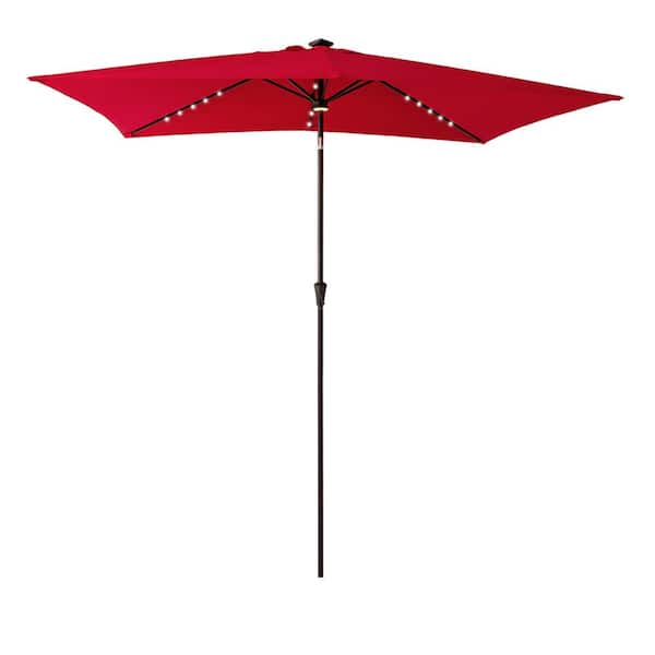 FLAME&SHADE 6-1/2 in. x 10 ft. Rectangle Aluminum Market Solar LED Lighted Tilt Patio Umbrella in Red Solution Dyed Polyester