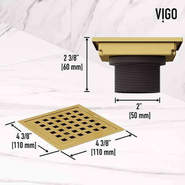 Satico Stainless Steel Square Shower Floor Drain with Square Pattern Drain Cover, Brushed Gold