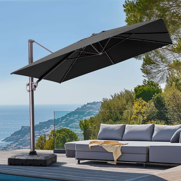 Pellebant 10.5 ft. x 9 ft. Aluminum Rectangular Cantilever Offset 360° Swivel Patio Umbrella in Black with 260 lbs. Umbrella Base