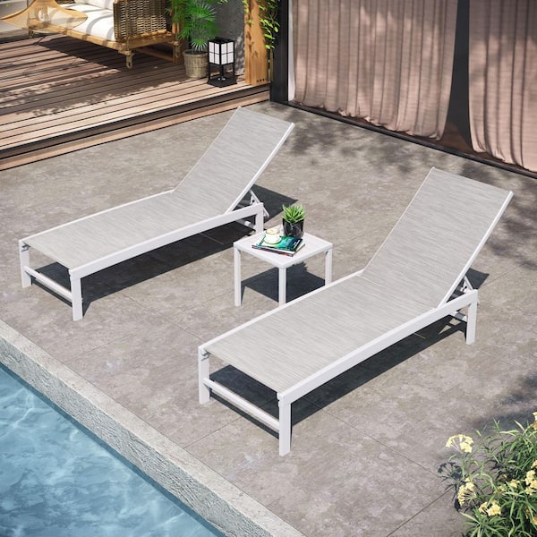 3-Piece Adjustable Aluminum Outdoor Chaise Lounge in White Gray with Aluminum Table Set