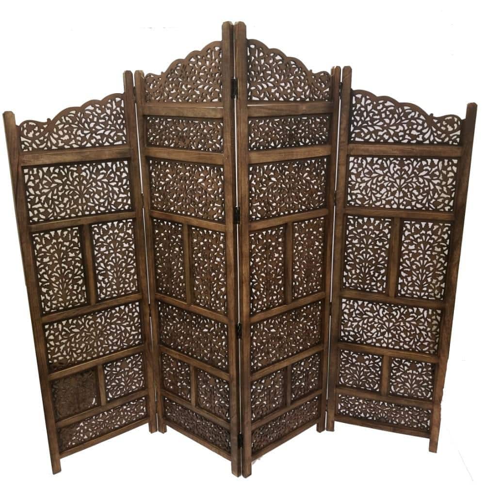 Handmade Dark Brown Mango Wood 4-Panel Room Divider
