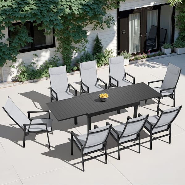 9-Piece 106 in. Aluminum Rectangle Patio Outdoor Dining Set with Extension Table and Adjustable Backrest Gray Chair