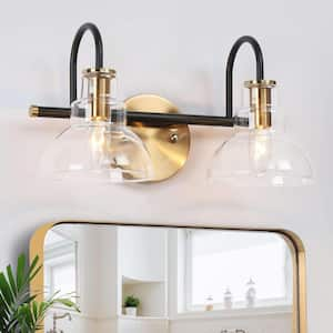 14.5 in. 2-Light Brass Gold Bathroom Vanity Light, Barn Clear Glass Bath Lighting, Modern Black Indoor Wall Sconce