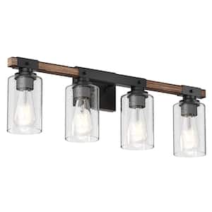 Farmhouse 26.96 in. Bathroom 4-Light Black Vanity Light Industrial Wall Sconces Over Mirror with Seeded Glass Shade
