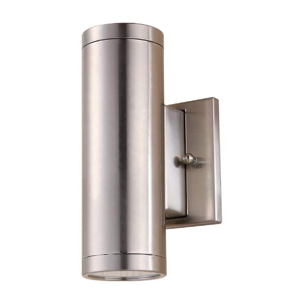 Sunlite 8 in. Brushed Nickel LED Dimmable Up and Down Outdoor Wall Cylinder Light, Warm White 3000K