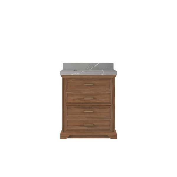 Willow Collections Charlotte Teak 30 in. W x 22 in. D x 36 in. H Single Sink Bath Vanity Center Dark Natural with 2 in. Piatra Quartz Top