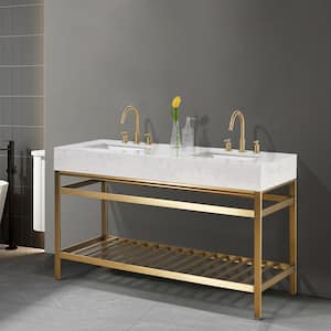 Merano 60 in. W x 22 in. D x 35 in. H Bath Vanity in Brushed Gold with White Composite Stone Top
