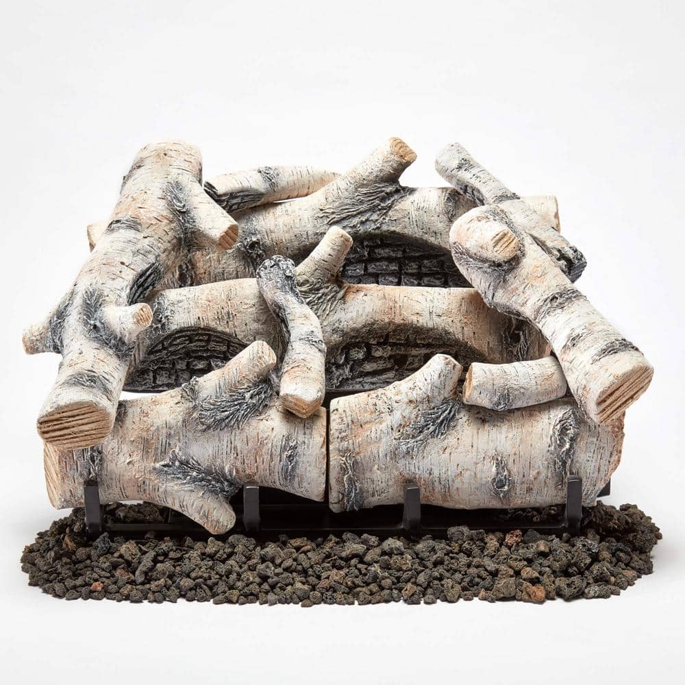BLUEGRASS LIVING 18 in. Birch Wood VentFree Dual Fuel Gas Fireplace Log Set, 30,000 BTU, Remote