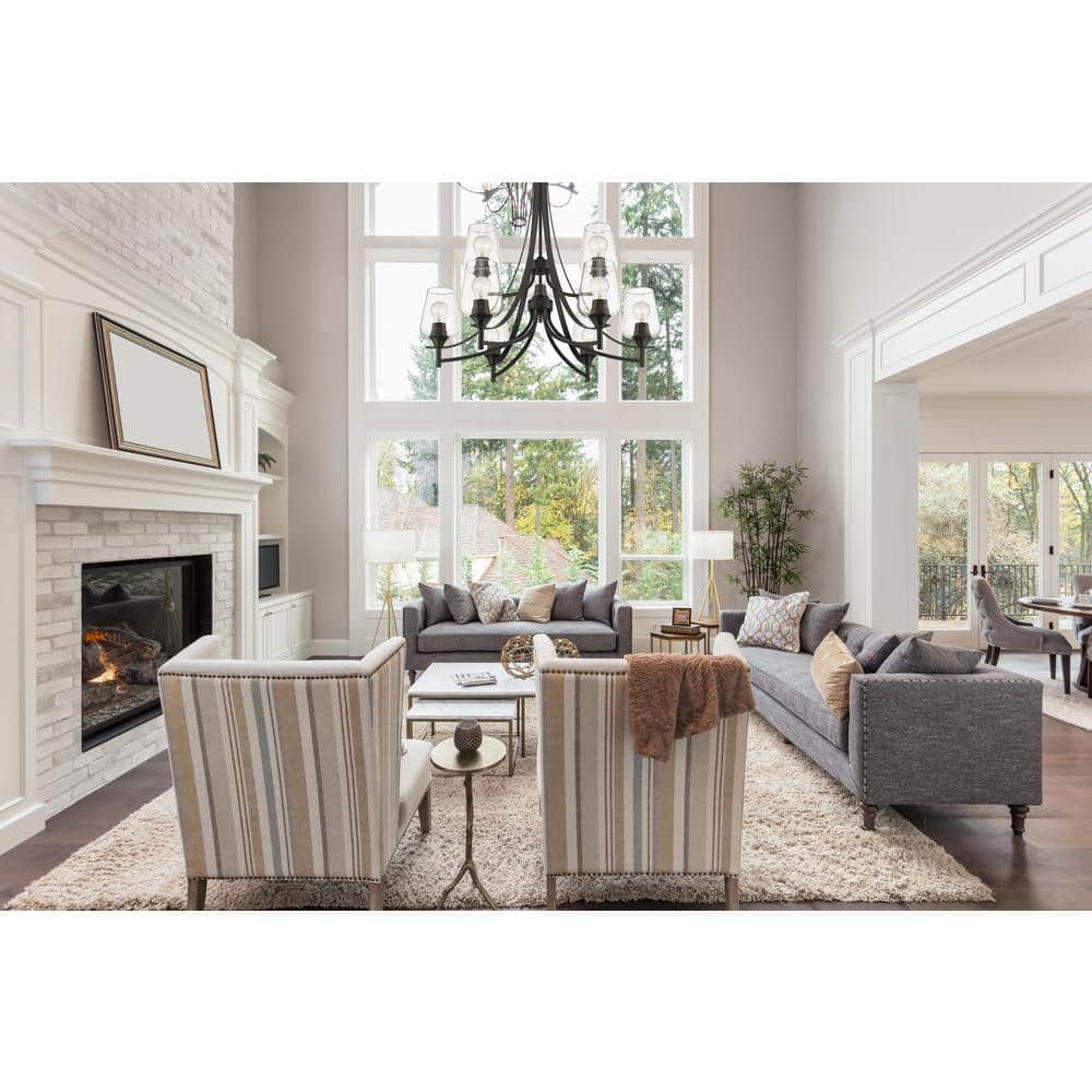 Matte Black 31-Inch 9-Light Metal Chandelier with Glass Shades