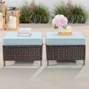 Wicker Outdoor Patio Ottoman with Baby Blue Cushions (Set of 2)