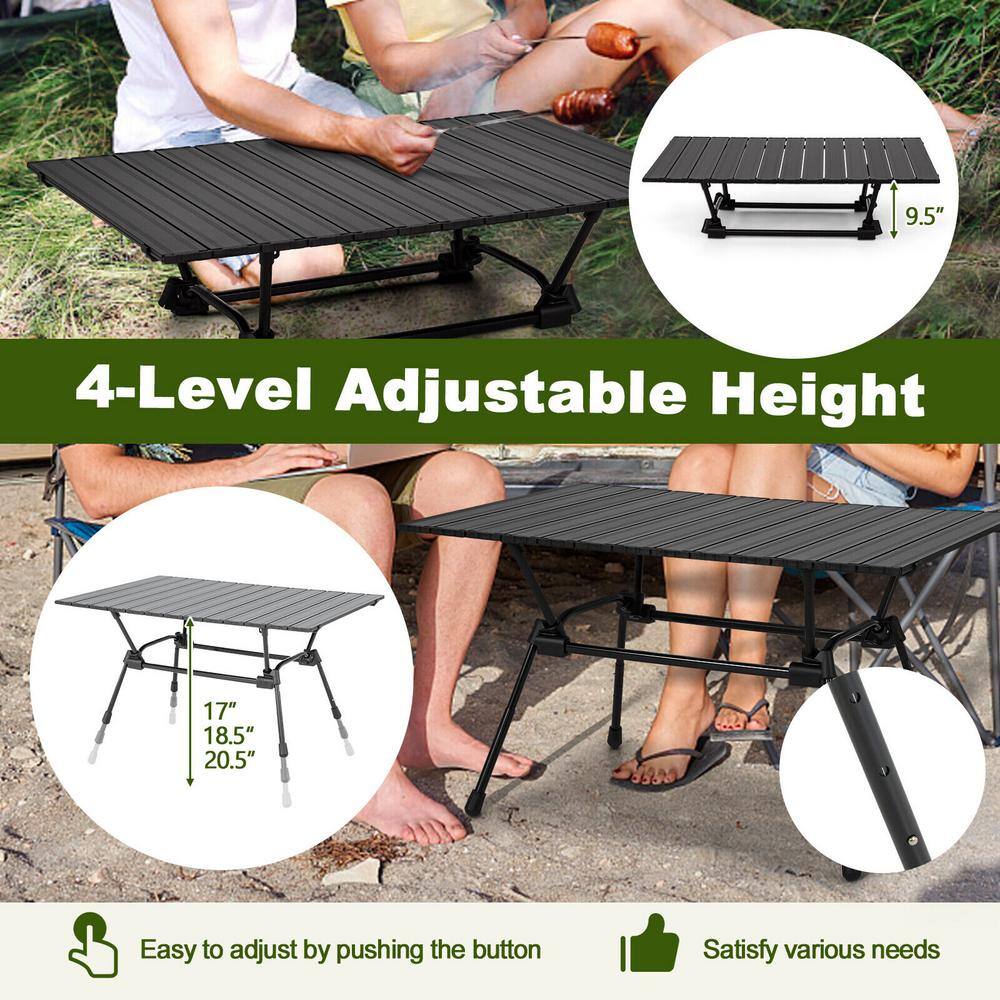 Black Adjustable Aluminum Folding Camping Table with Carrying Bag
