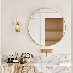 Modern 1-Light Brass Wall Sconce 16.7 in. H Cylinder Candlestick Upward Downward Vanity Light with Cracked Glass Shade