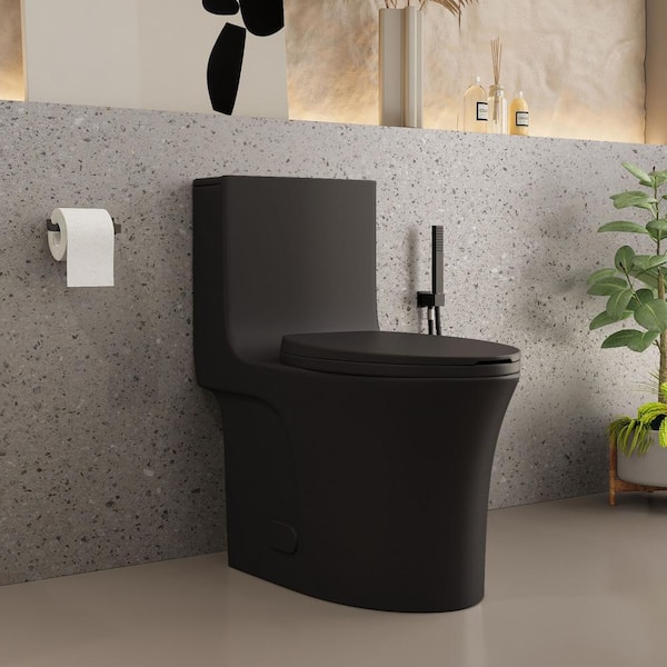 Opvande 1-Piece 1.1/1.6 GPF Dual Flush Elongated Toilet in Matt Black Seat Included