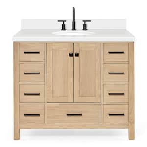 Cambridge 43 in. W x 22 in. D x 36 in. H Single Freestanding Bath Vanity in Oak with Pure White Quartz Top