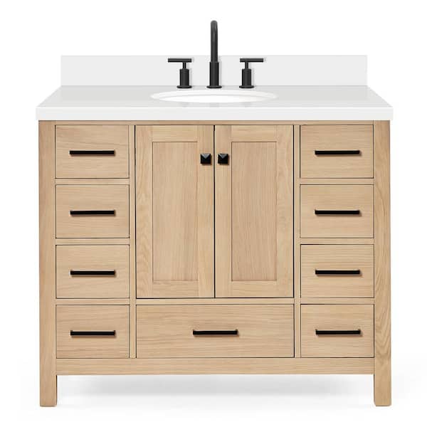Cambridge 42 in. W x 22 in. D x 36 in. H Single Freestanding Bath Vanity in Oak with Pure White Quartz Top
