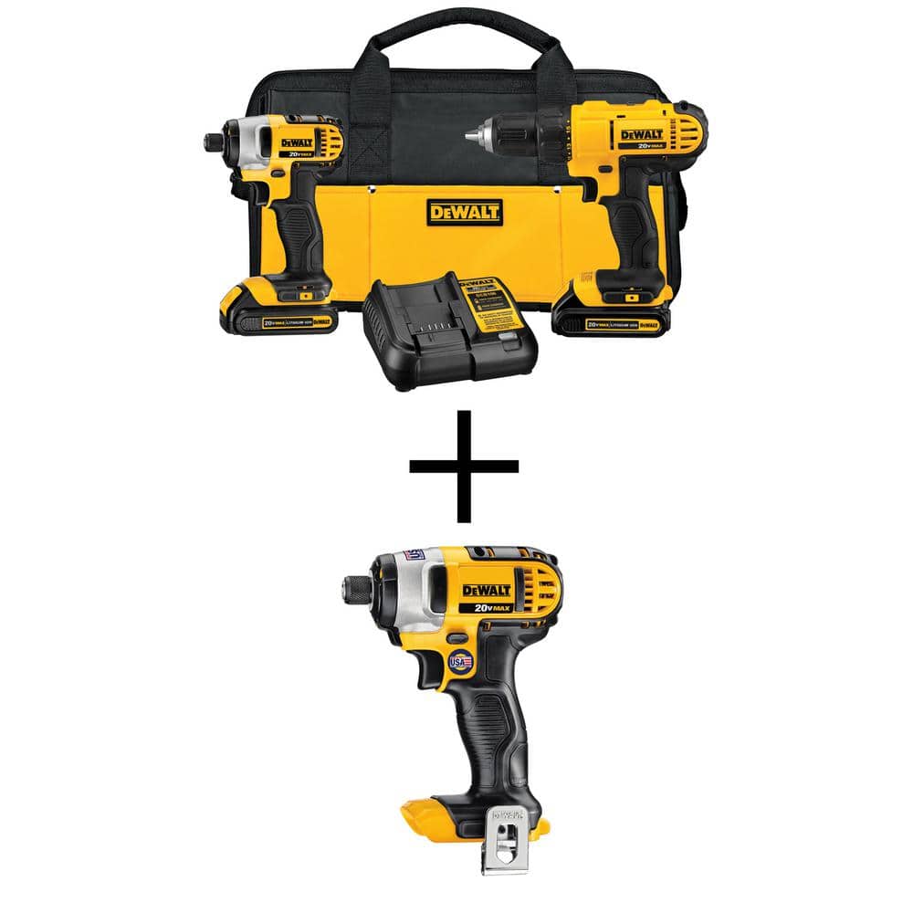 DEWALT 20V MAX Lithium-Ion Cordless Drill/Driver 2 Tool Combo Kit, 1/4 in. Impact Driver, (2) 20V 1.3Ah Batteries, and Charger -  DCK240C2WCF885B