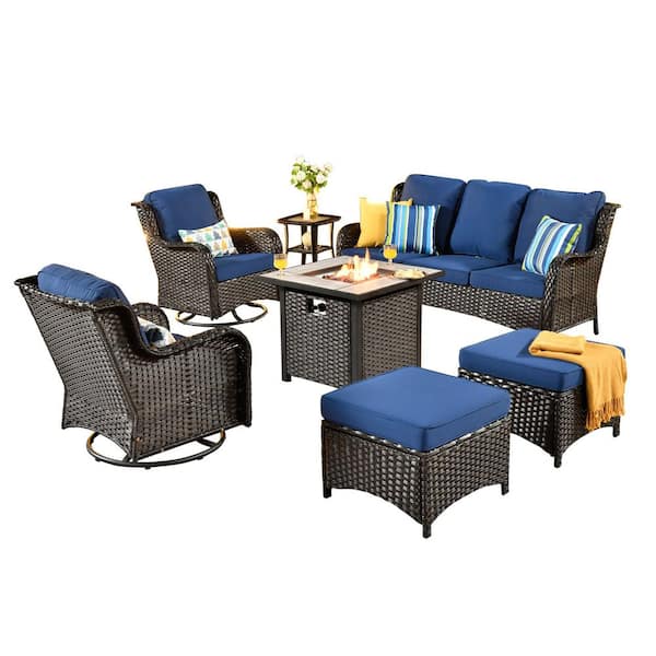 New Kenard Brown 7-Piece Wicker Patio Fire Pit Conversation Set with Navy Blue Cushions and Swivel Rocking Chairs