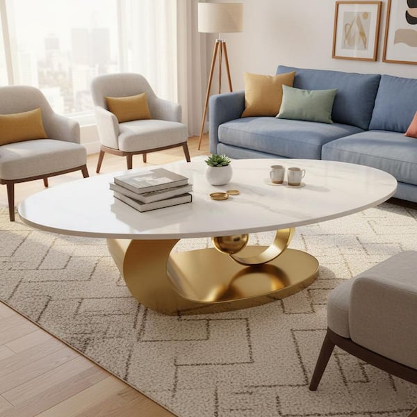 APZKY 49 in. Marble White Oval Marble Stone Coffee Table with Open Shelf for Living Room