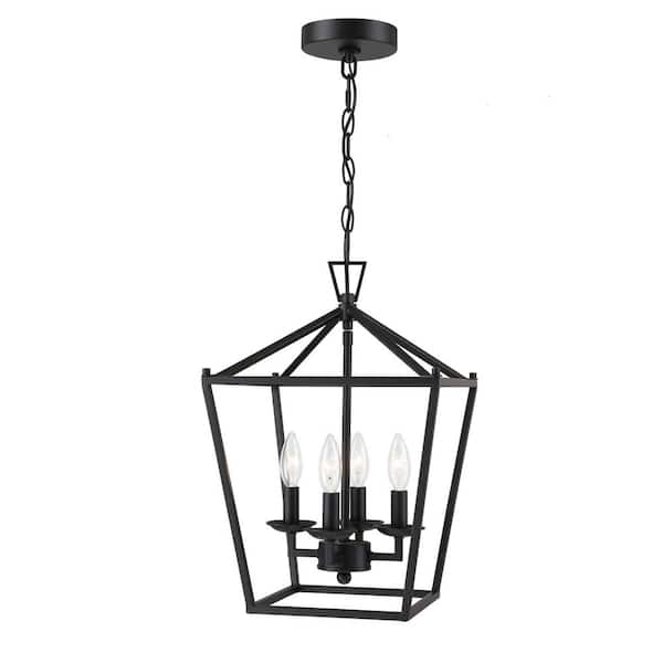 Alfa 12 in. 4-Light Geometric Cage Lantern Pendant Light with Mate Black Finish