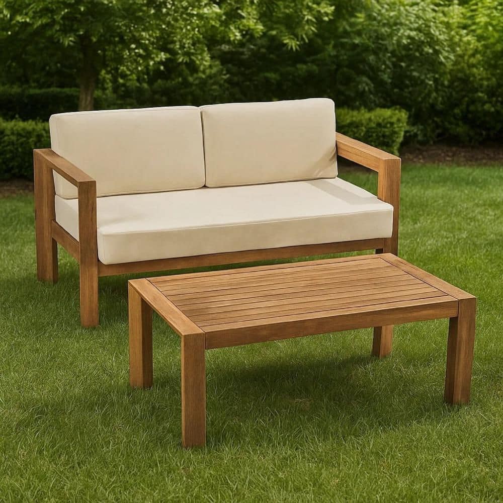 2-Piece Brown Acacia Wood Outdoor Loveseat and Coffee Table Patio Conversation Set with Beige Fabric Cushions price history on PriceWatchPro