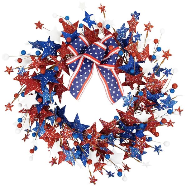 24 in. Stars and Stripes Artificial Patriotic Glittered Twig Wreath