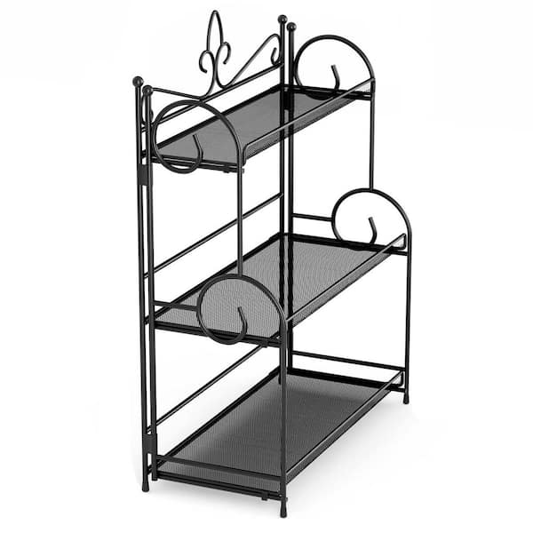 3 Tier Black Countertop Foldable Organizer Shelf Freestanding Storage Rack for Bathroom Kitchen Bedroom