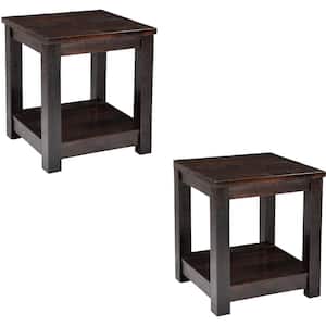 22 in. Dark Brown Square Wood End Table with Lower Storage Shelf 2-Piece