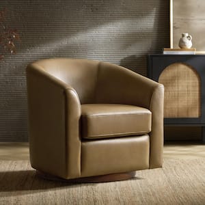 Teeny Taupe Modern Genuine Leather Swivel Barrel Chair with Solid Wood Base