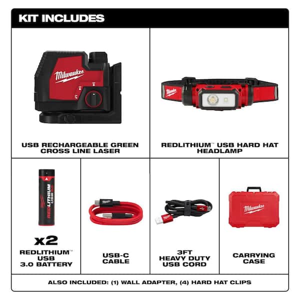 Green 100 ft. Cross Line Rechargable Laser Level with REDLITHIUM USB Battery, Charger, and 600 Lumen LED Headlamp