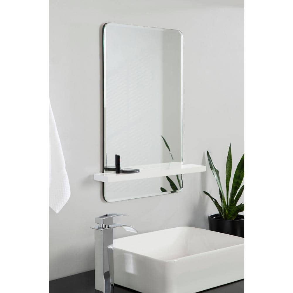 White Rectangular Frameless Vanity Mirror with Shelf