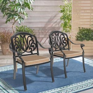 Black Cast Aluminum Patio Outdoor Dining Chair with Random Color Cushion (2-Pack)