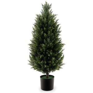 37.5 in. Height Green and Black Artificial Topiary Cedar Tree with Cement Plastic Pot and Realistic Moss