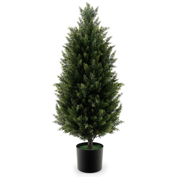 Costway 37.5 in. Height Green and Black Artificial Topiary Cedar Tree with Cement Plastic Pot and Realistic Moss