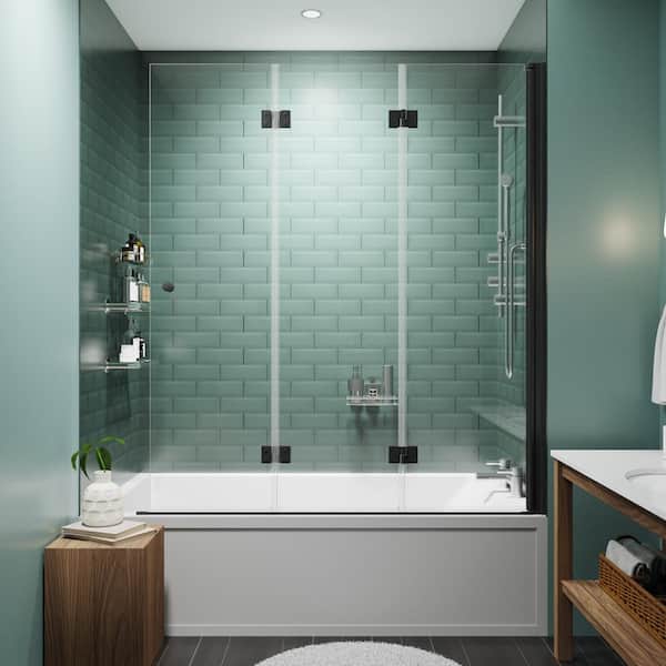ES-DIY 51 in. H x 58 in. W Bi fold Hinge Frameless 3-Panel Folding Shower Tub Door in Black with 1/4 in. Clear Glass(6 mm)