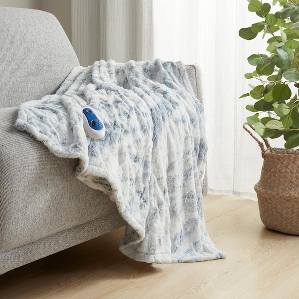 Beautyrest Marselle Grey/Blue Faux Fur 50 in. x 70 in. Oversized Electric Throw Blanket