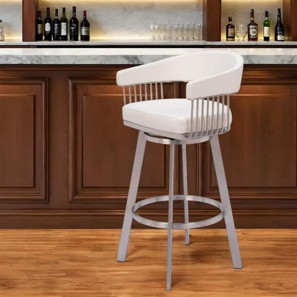 39.80 in. H White Bar Height Metal Bar Stool with Faux Leather Seat