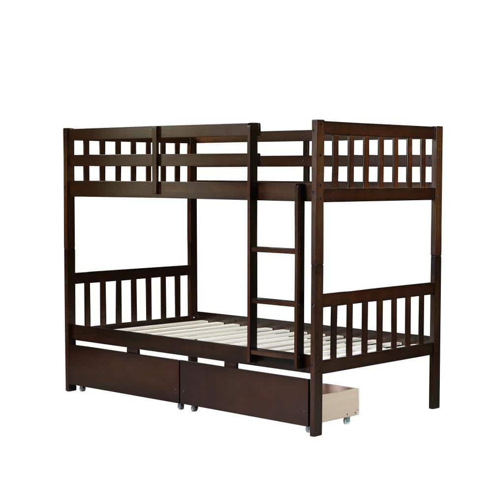 Nestfair Espresso Twin over Twin Wood Bunk Bed with 2 Drawers and ...