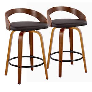 Grotto 25.25 in. Brown Faux Leather, Walnut Wood, and Black Metal Fixed-Height Counter Stool (Set of 2)