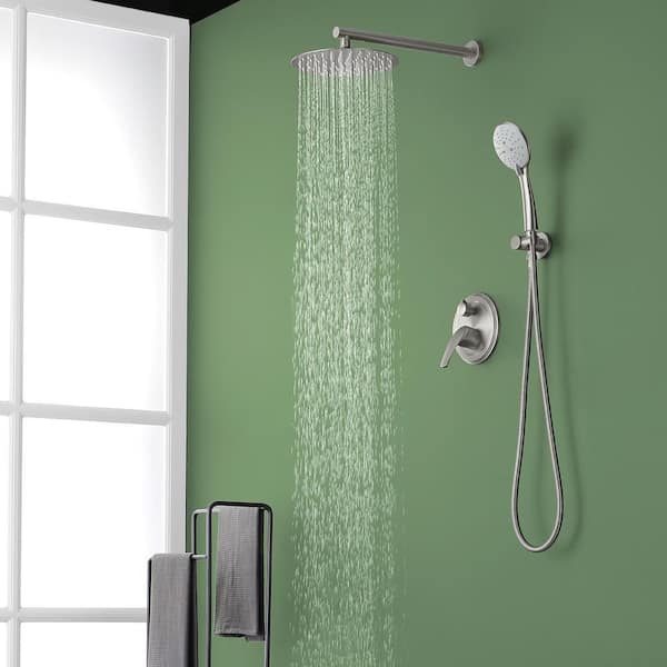 Single-Handle 5-Spray Round 10 in. Shower Faucet with 2 Way Pressure Balance in Brushed Nickel (Valve Included)