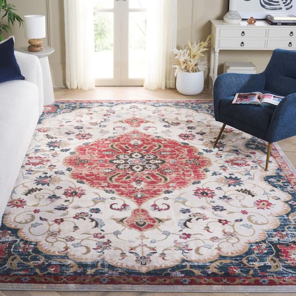 Rosewood 7 ft. x 7 ft. Ivory/Red Medallion Ornate Border Square Area Rug