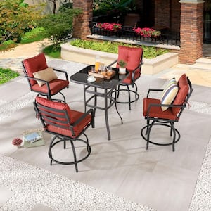 5-Piece Metal Bar Height Outdoor Dining Set with Red Cushions