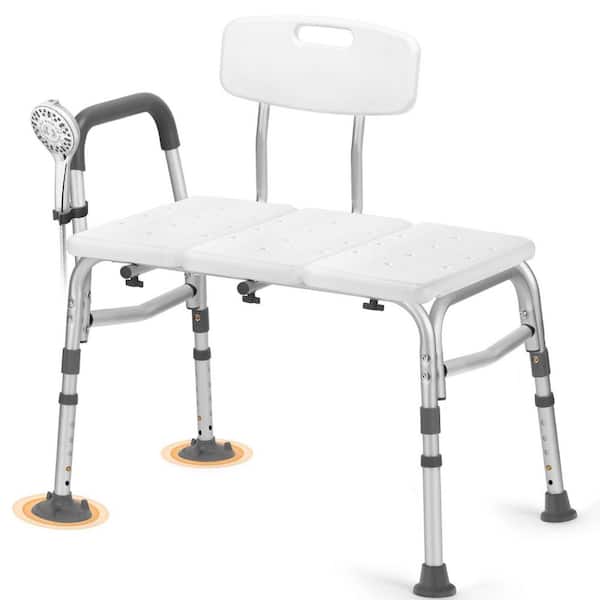 Aluminum Tub Transfer Bench in Off White with Backrest and Armrest, Shower Chair, Shower Seat with Height Adjustable