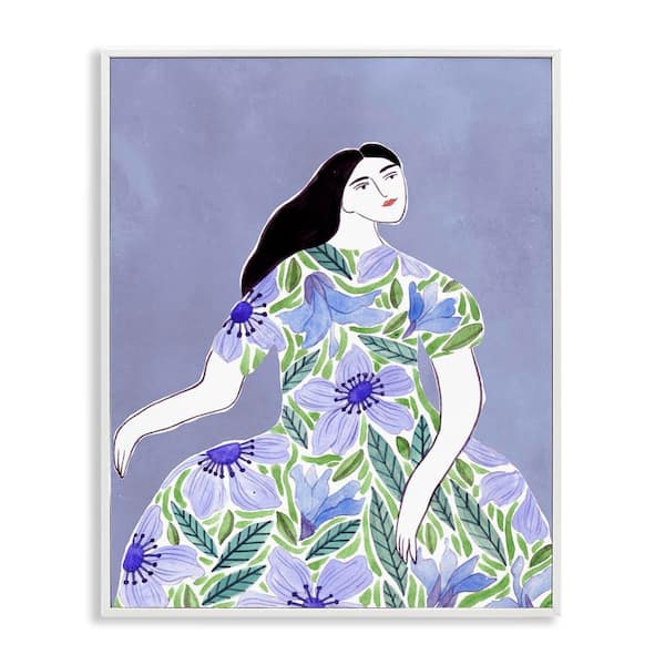 Woman in Blue Floral Gown by Melissa Wang White Framed People Giclee Art Print 30 in. x 24 in.