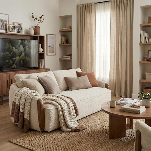 Ram 75 in. W Rectangle Round Arm Fabric Upholstered Sofa in Sesame, Solid Wood Frame Couch
