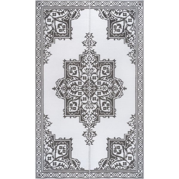 Dory Medallion Border Foldable Waterproof Reversible Plastic Straw Gray/White 9 ft. x 12 ft. Outdoor Area Rug