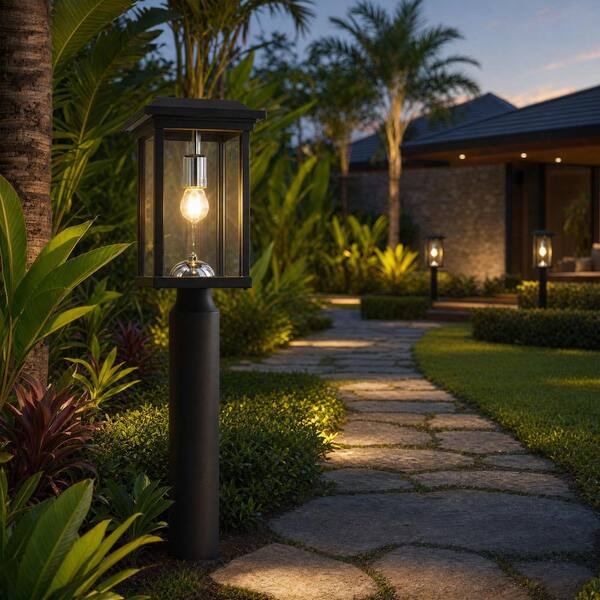 Dusk to Dawn 1 Black Aluminum Hardwired Outdoor Weather-Resistant Waterproof Post Light with LED, For Yard, Garden Patio