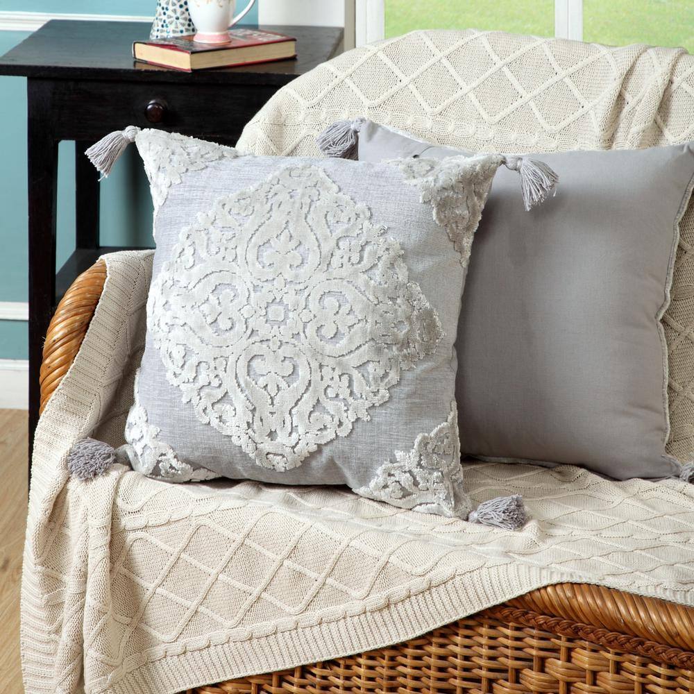 20" Silver Gray Textured Medallion Throw Pillow