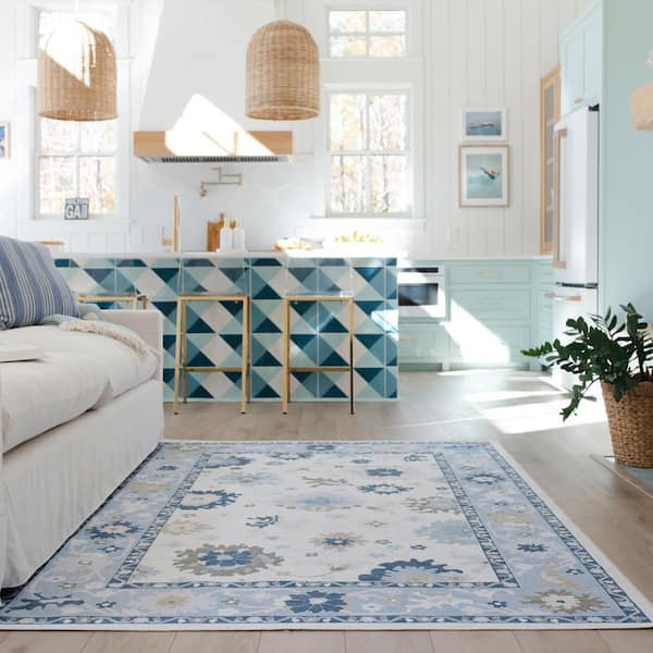 Atlantis White/Blue 5 ft. x 7 ft. Old World Oriental Floral Polyester Machine Washable Indoor Area Rug