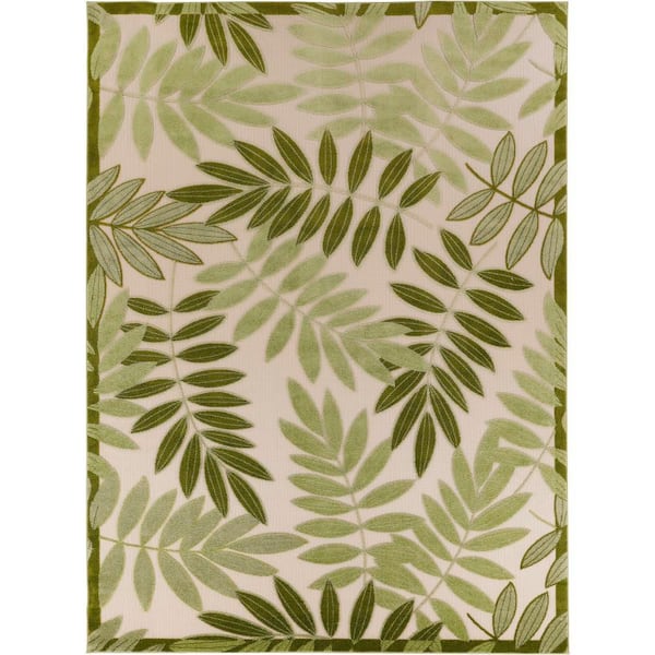 Aloha Ivory Green 8 ft. x 11 ft. Floral Contemporary Indoor/Outdoor Area Rug