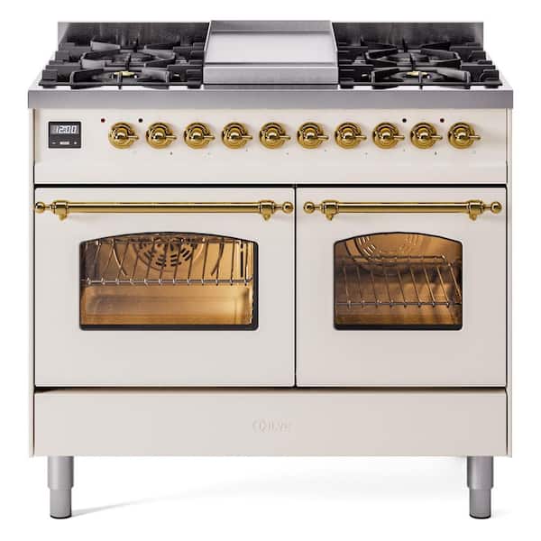 ILVE Nostalgie II 40 in. 6 Burner+Griddle Freestanding Double Oven Dual Fuel Range in Antique White with Brass